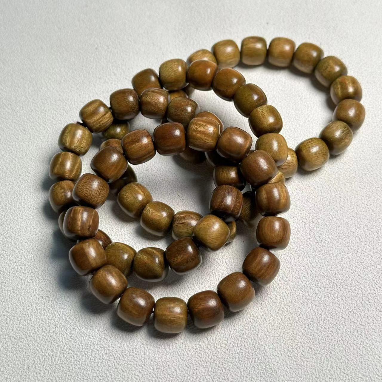12mm Green Sandalwood Barrel Bead Bracelet | Natural Wood Bracelet for Men Women, Handmade Daily Wear Jewelry
