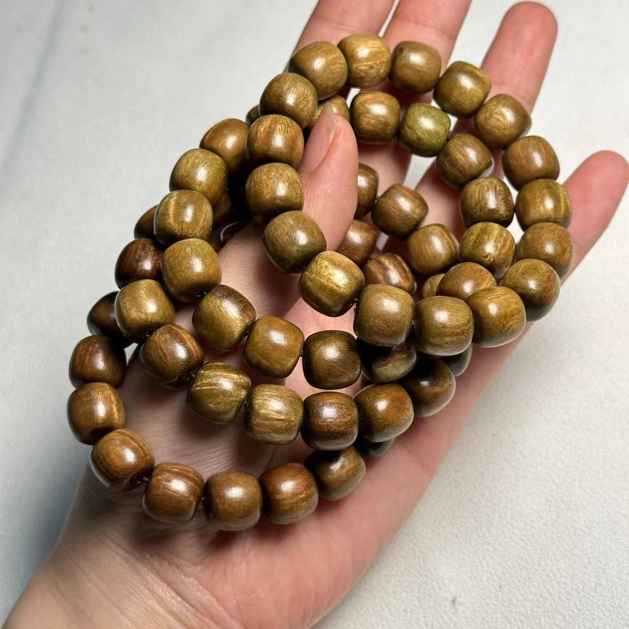 12mm Green Sandalwood Barrel Bead Bracelet | Natural Wood Bracelet for Men Women, Handmade Daily Wear Jewelry