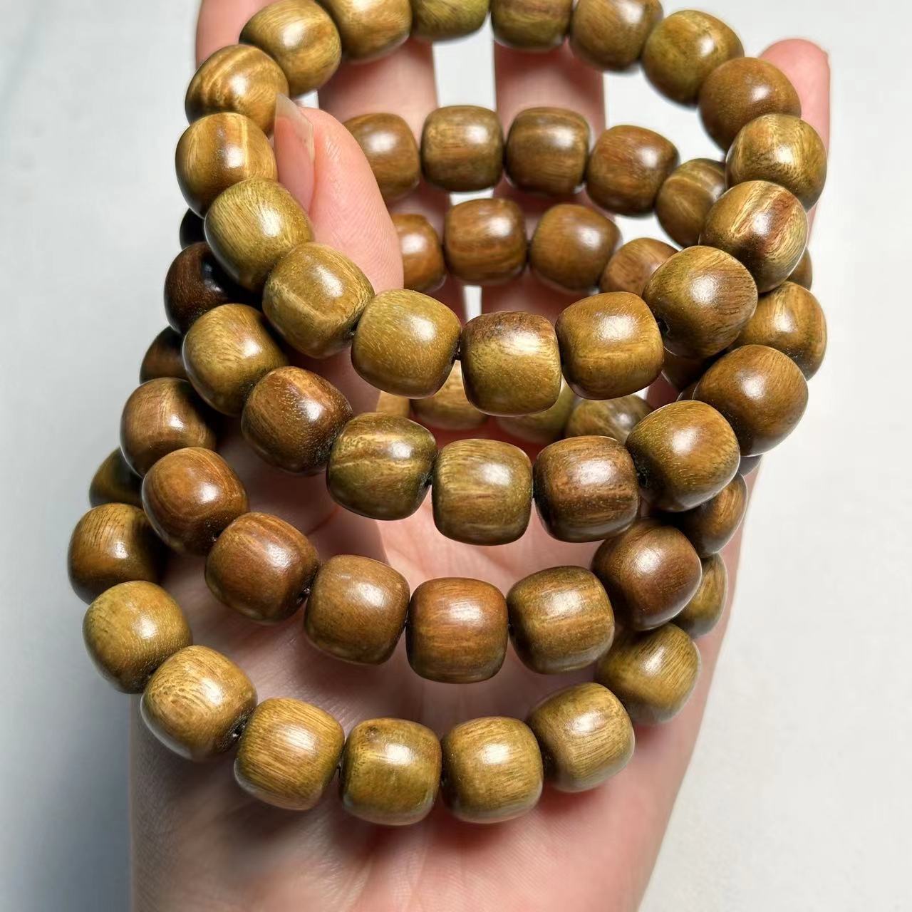 12mm Green Sandalwood Barrel Bead Bracelet | Natural Wood Bracelet for Men Women, Handmade Daily Wear Jewelry