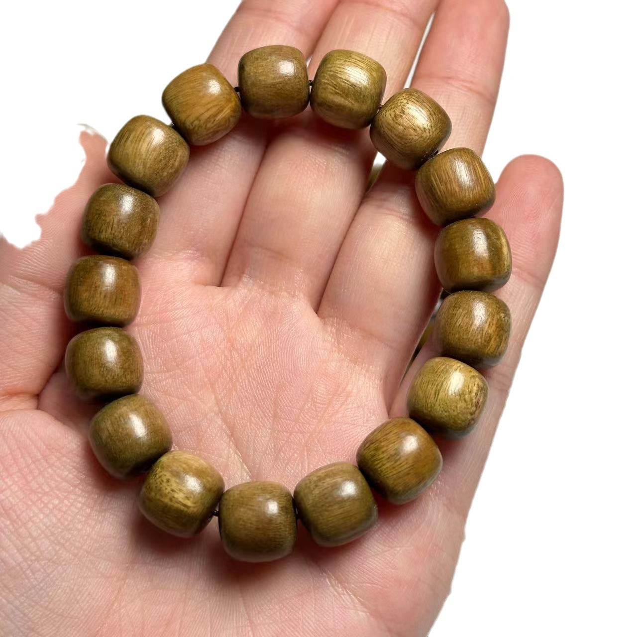 12mm Green Sandalwood Barrel Bead Bracelet | Natural Wood Bracelet for Men Women, Handmade Daily Wear Jewelry