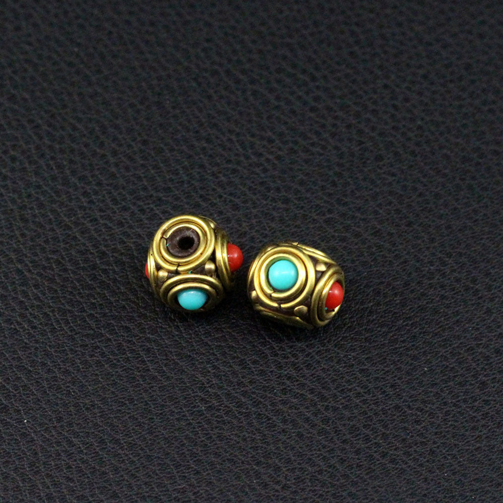 Handmade Nepalese copper beads, round beads, flying saucer beads, ethnic style necklace, thangka with beads, keychain spacer beads