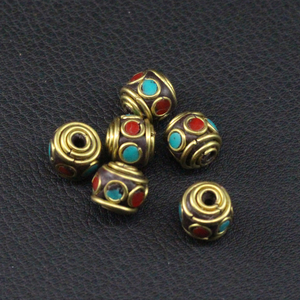 Handmade Nepalese copper beads, round beads, flying saucer beads, ethnic style necklace, thangka with beads, keychain spacer beads