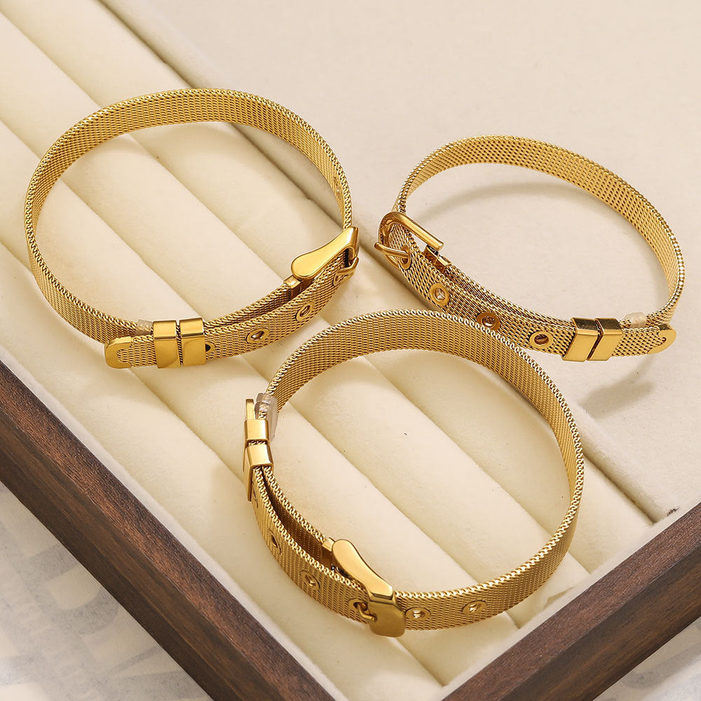Woven Stainless Steel Mesh Bracelet | 18K Gold Plated | Polished Surface | Adjustable Snap Clasp
