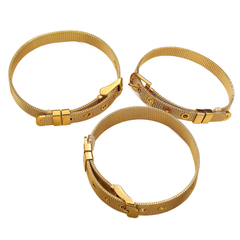 Woven Stainless Steel Mesh Bracelet | 18K Gold Plated | Polished Surface | Adjustable Snap Clasp