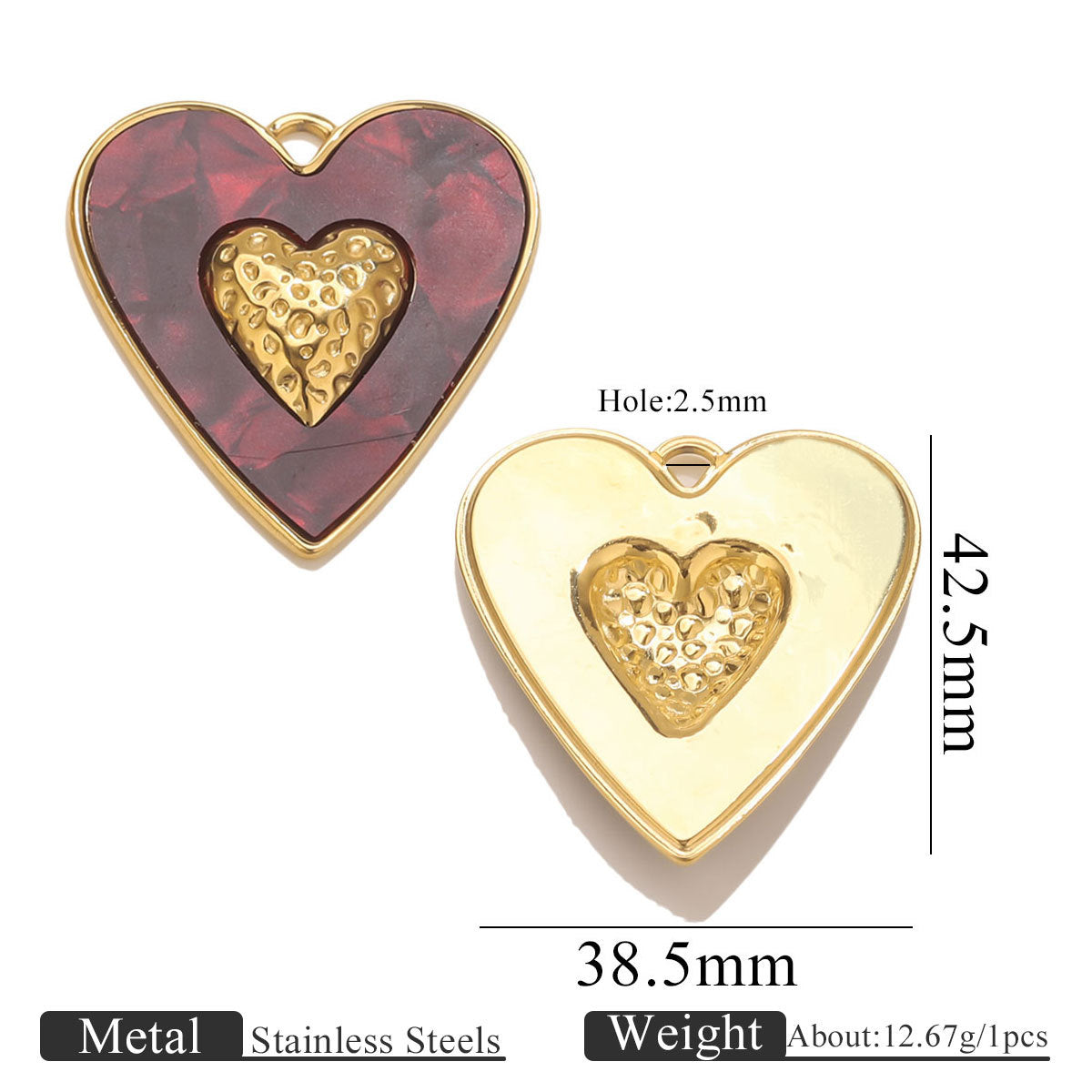 Stainless Steel Large Heart Pendant - 18K Vacuum Plated Enameled, DIY Necklace & Bracelet Jewelry Accessory