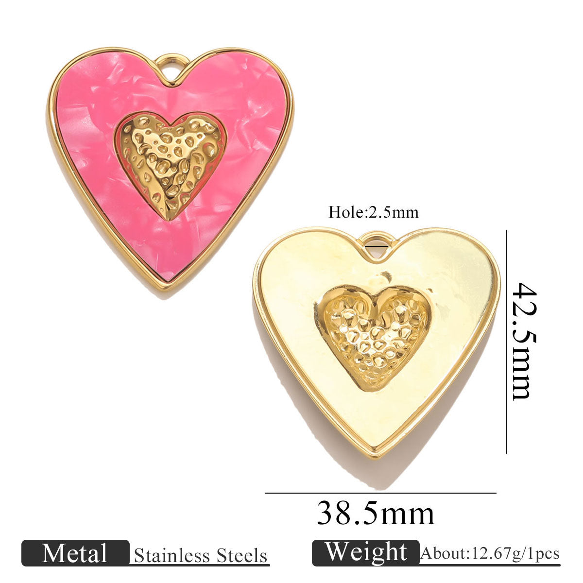 Stainless Steel Large Heart Pendant - 18K Vacuum Plated Enameled, DIY Necklace & Bracelet Jewelry Accessory