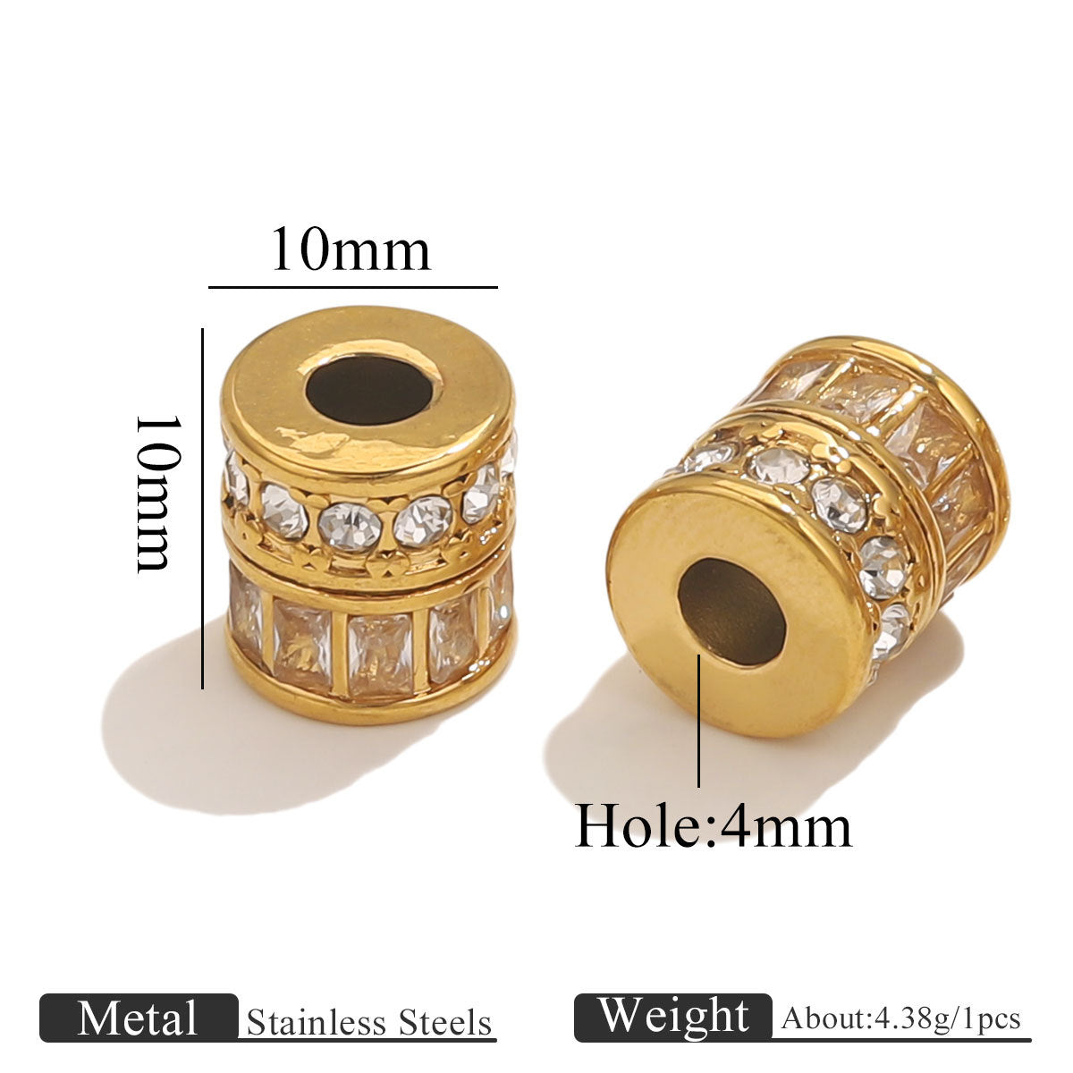18K Gold Plated Stainless Steel Rectangle Spacer Beads with Diamonds - Color Retention, Perfect for DIY Bracelets, Handmade Beaded Jewelry Supplies