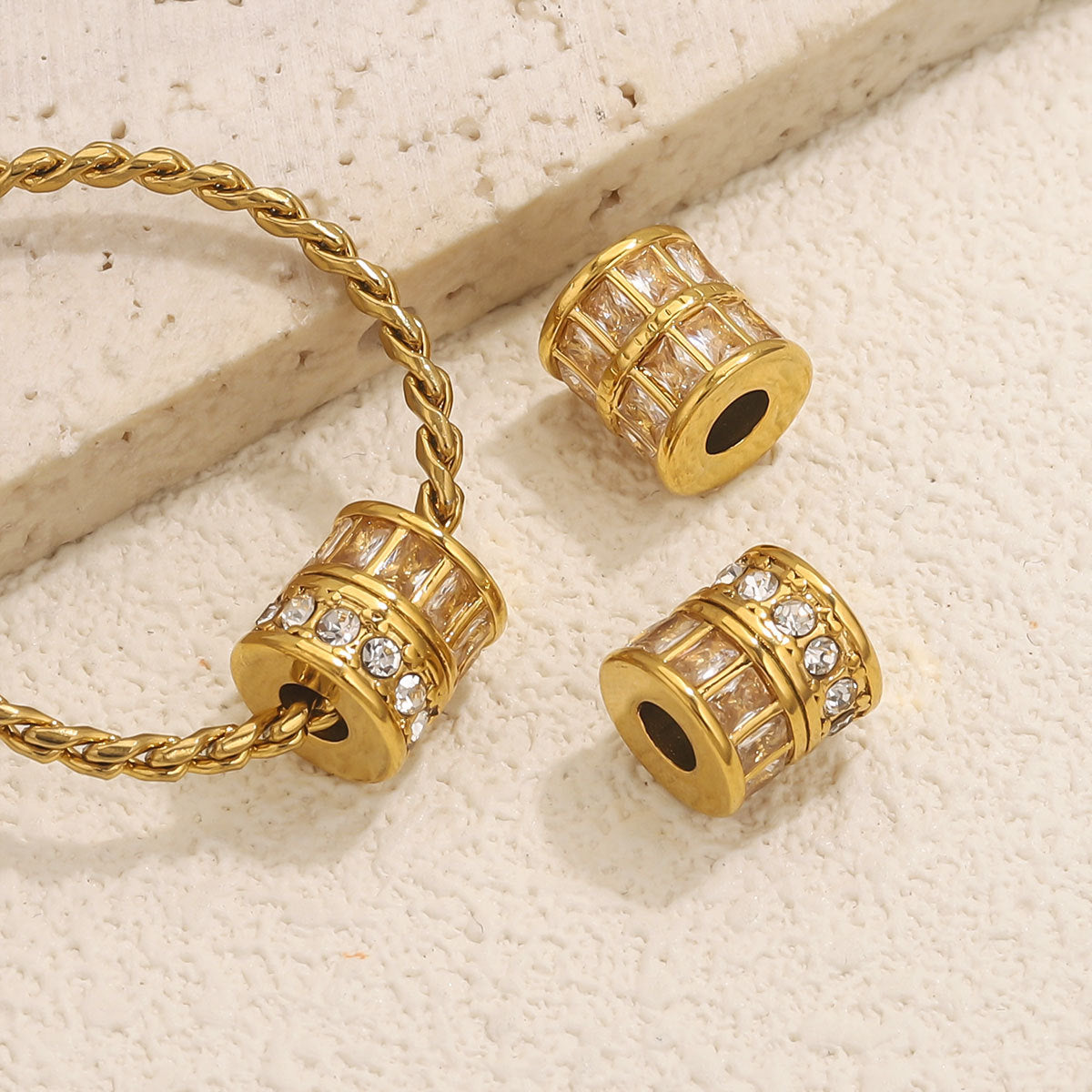 18K Gold Plated Stainless Steel Rectangle Spacer Beads with Diamonds - Color Retention, Perfect for DIY Bracelets, Handmade Beaded Jewelry Supplies