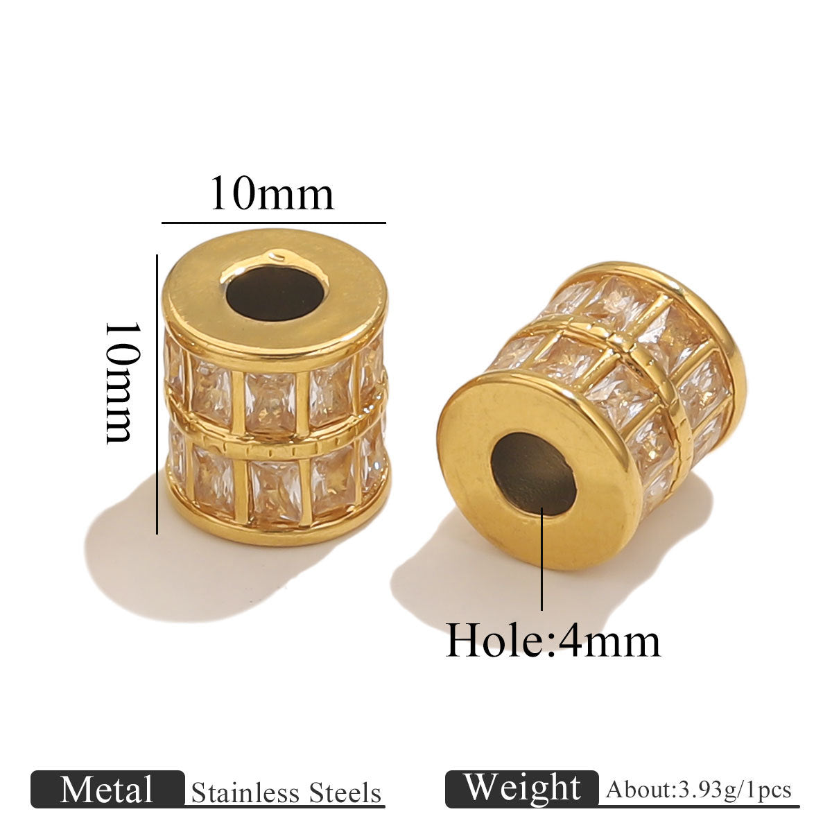 18K Gold Plated Stainless Steel Rectangle Spacer Beads with Diamonds - Color Retention, Perfect for DIY Bracelets, Handmade Beaded Jewelry Supplies