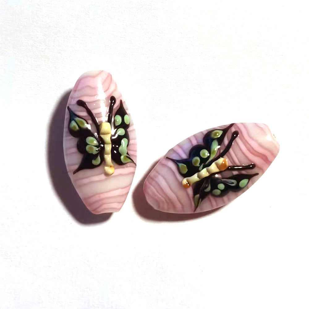 Handmade Murano Style Butterfly Glass Beads, Oval Flat Lampwork Tube Spacer Beads for DIY Bracelet, Earring, Lucky Charms