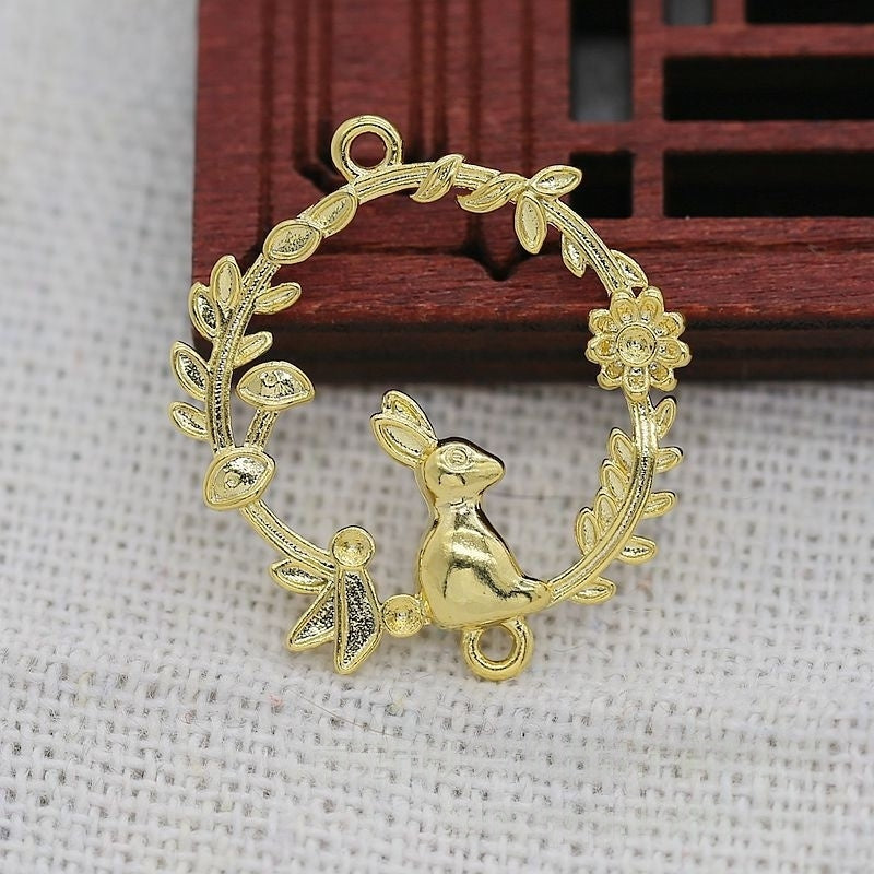 Tarnish Resistant 24K Gold Plated Brass Bunny Connector – 24x22mm Double Loop Rabbit Pendants for DIY Jewelry Making