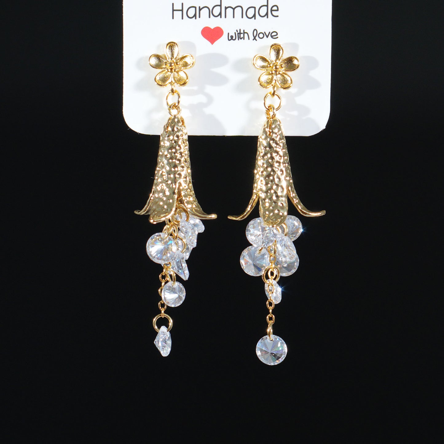 Vintage Bellflower Tassel Earrings, Long Drop Earrings with Natural Zircon, Retro Floral Dangle Earrings, Handmade Statement Jewelry for Women