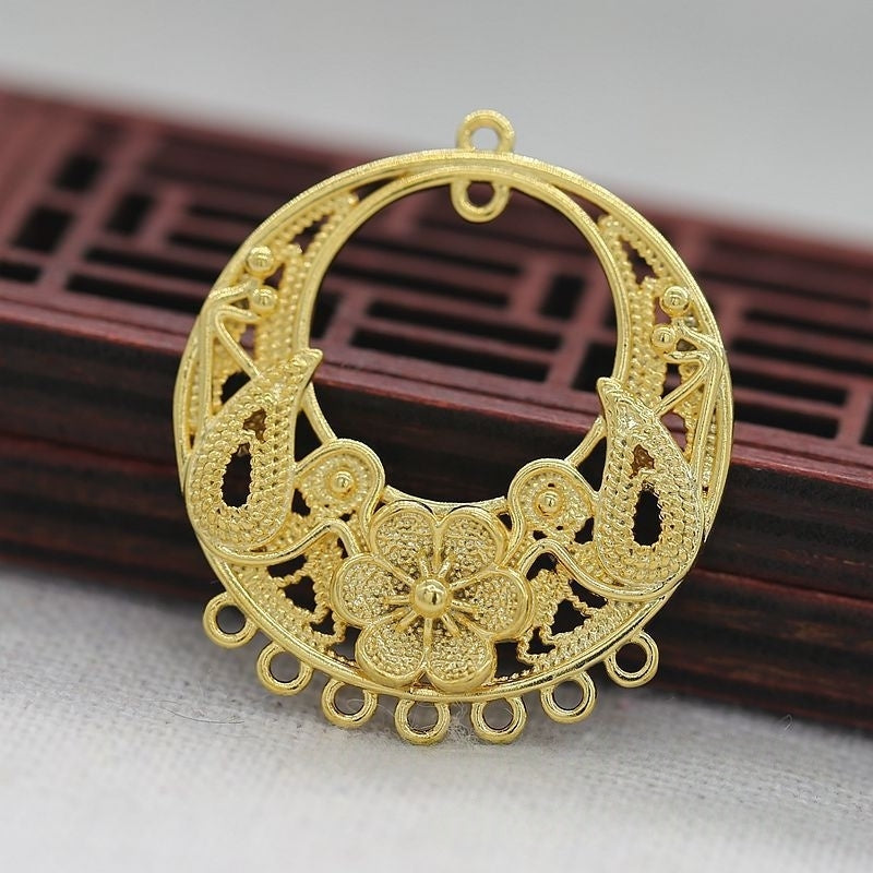 Tarnish Resistant 24K Gold Plated Brass Filigree Flower Pendant – 28x32mm Multi-Hole Connector Charm for DIY Earrings or Necklace Making