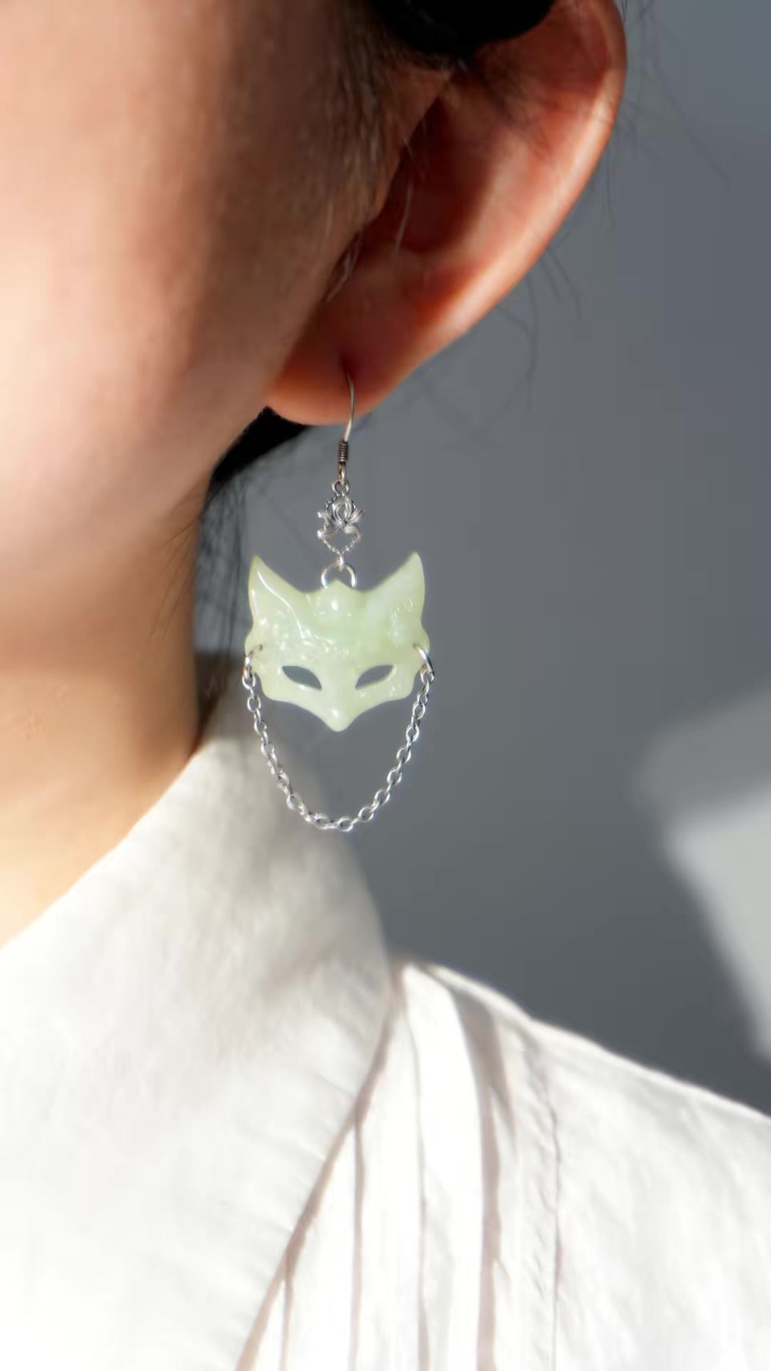 Natural Xiuyu Jade Fox Mask Earrings, S925 Sterling Silver Dangle Earrings, Handcrafted Jade Jewelry, Unique Chinese Mythical Animal Gift for Women