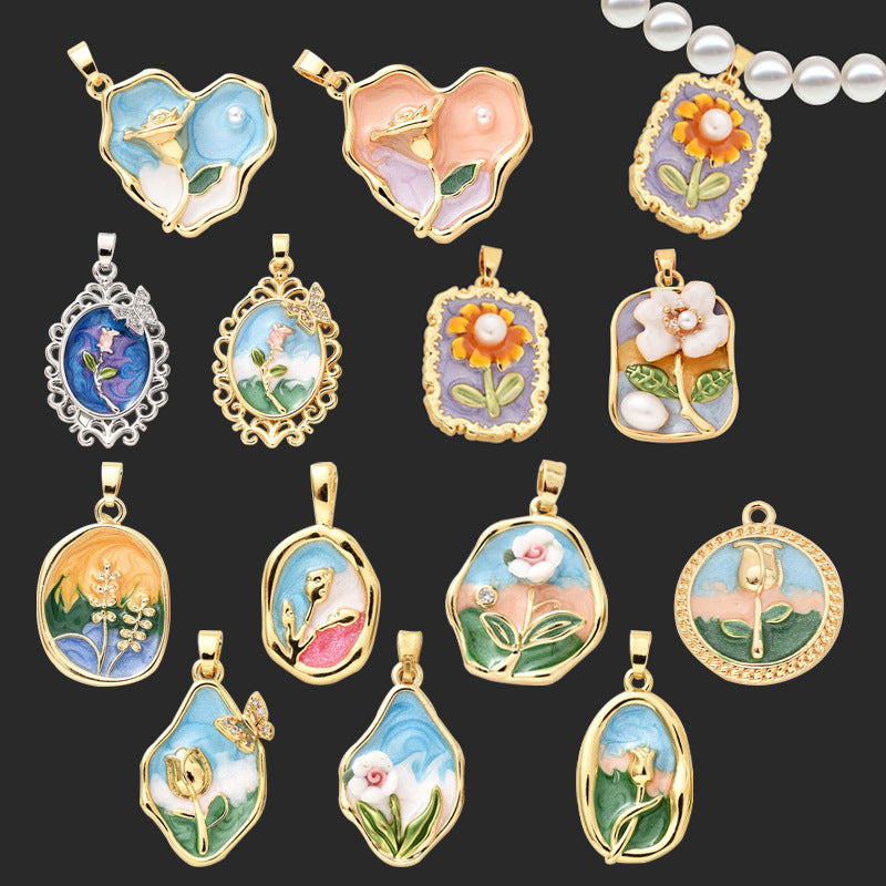 18K Oil Painting Rose Flower Pendant Natural Freshwater Pearl Pendant