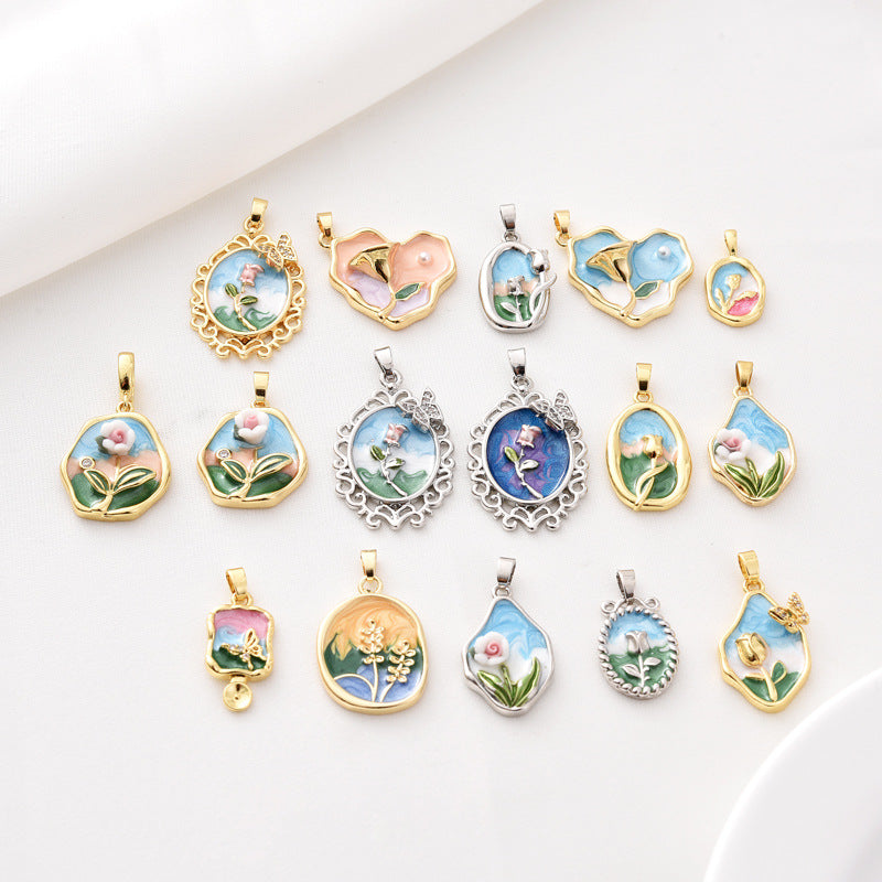 18K Oil Painting Rose Flower Pendant Natural Freshwater Pearl Pendant