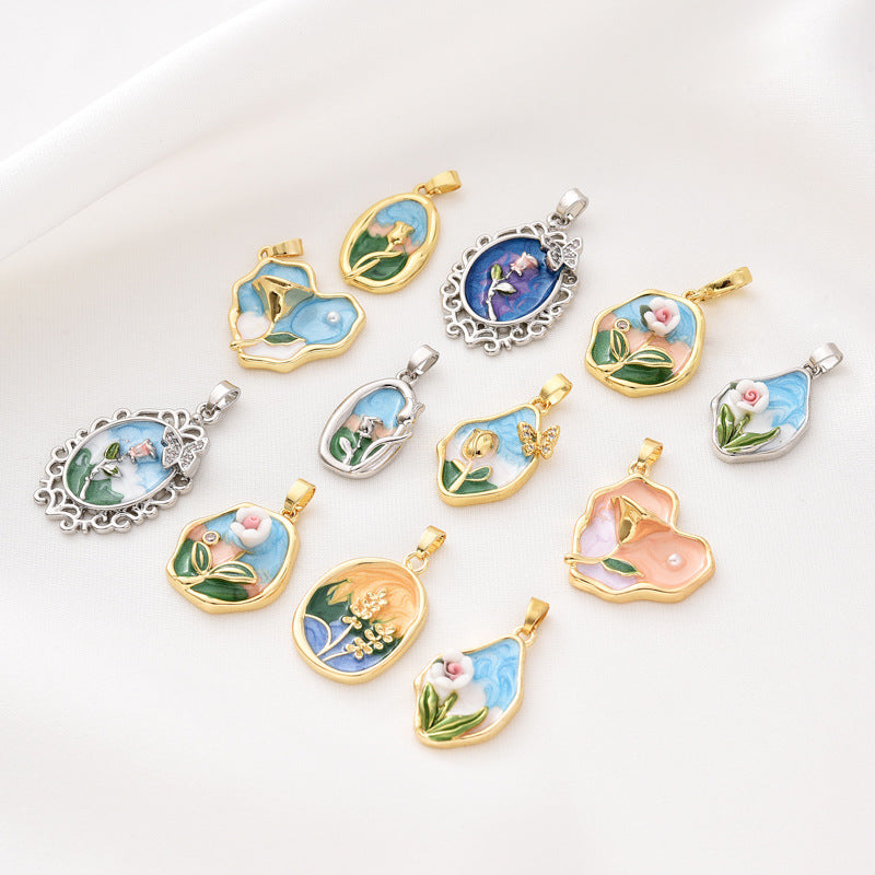 18K Oil Painting Rose Flower Pendant Natural Freshwater Pearl Pendant