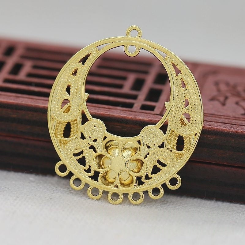 Tarnish Resistant 24K Gold Plated Brass Filigree Flower Pendant – 28x32mm Multi-Hole Connector Charm for DIY Earrings or Necklace Making