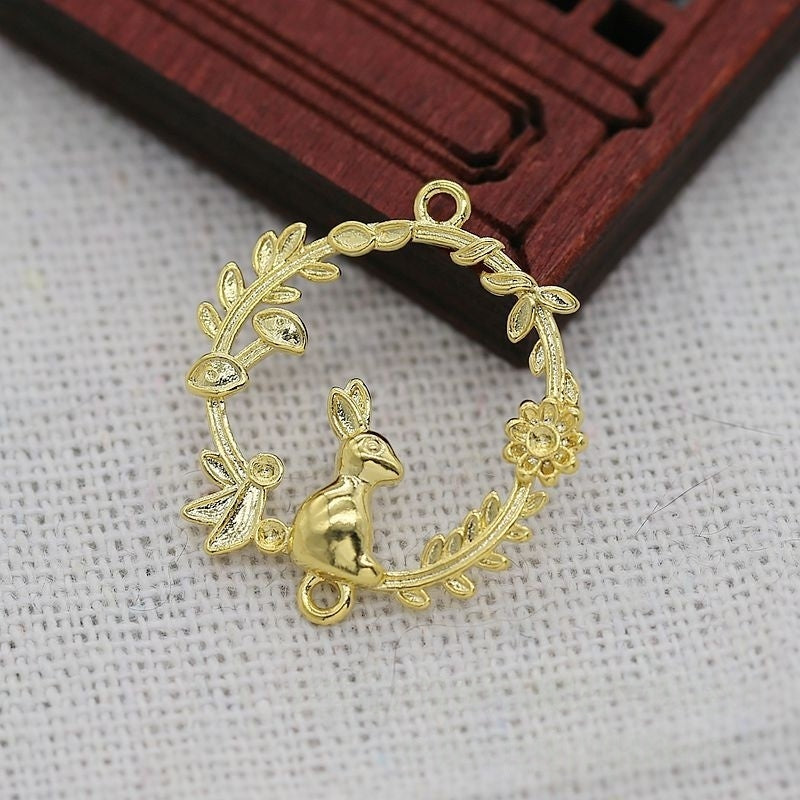 Tarnish Resistant 24K Gold Plated Brass Bunny Connector – 24x22mm Double Loop Rabbit Pendants for DIY Jewelry Making