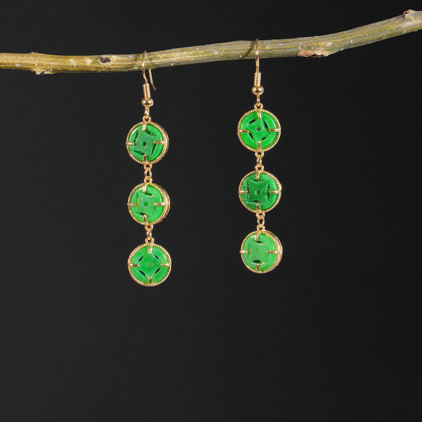 Handcrafted Jade Coin Earrings, 24K Gold Plated Brass, Unique Gemstone Jewelry Gift for Her