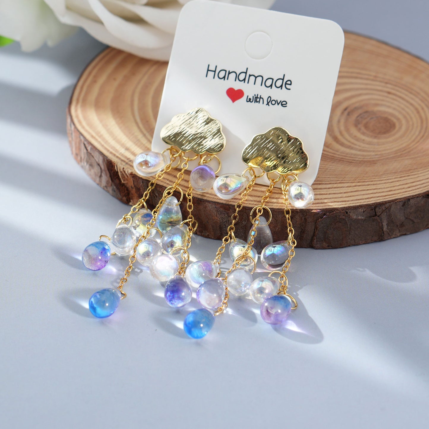 Rain Cloud Earrings, Celestial Dangle Earrings, Purple Czech Glass Crystal Rain Drop Earrings, Sky Inspired Jewelry, Teardrop Tassel Earrings for Women