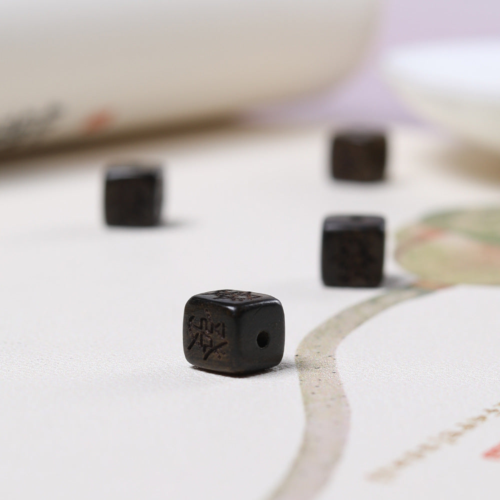 10PCS 9mm Natural Agarwood Carved Four-Sided Fortune Wooden Dice - Pendant for Necklace/Bracelet, Lucky Charm Jewelry Accessory