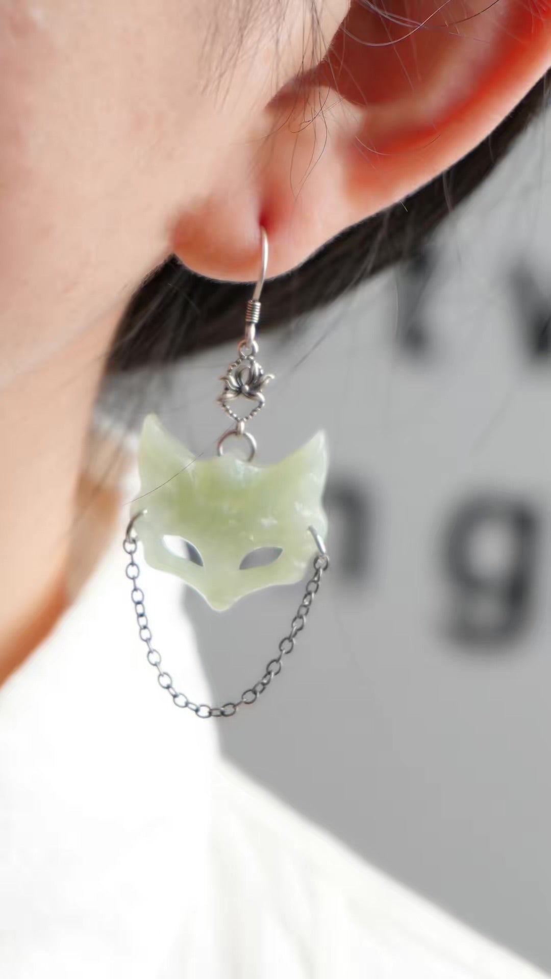 Natural Xiuyu Jade Fox Mask Earrings, S925 Sterling Silver Dangle Earrings, Handcrafted Jade Jewelry, Unique Chinese Mythical Animal Gift for Women