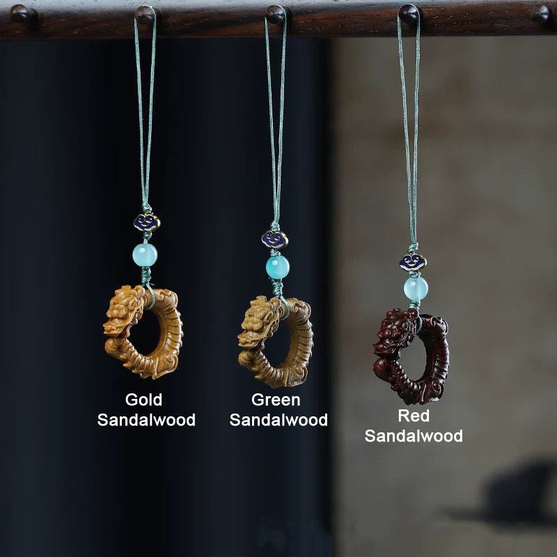 Hand Carved Green Sandalwood Dragon Ring Keychain, Wooden Dragon Pendant, Handmade Wood Keychain, Lucky Totem Phone Charm, Gift for Him