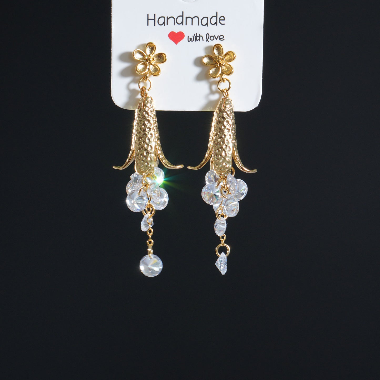 Vintage Bellflower Tassel Earrings, Long Drop Earrings with Natural Zircon, Retro Floral Dangle Earrings, Handmade Statement Jewelry for Women
