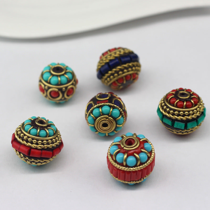 Ethnic Nepalese handmade copper beads brass inlaid barrel beads diy play bracelet spacer beads accessories diy jewelry