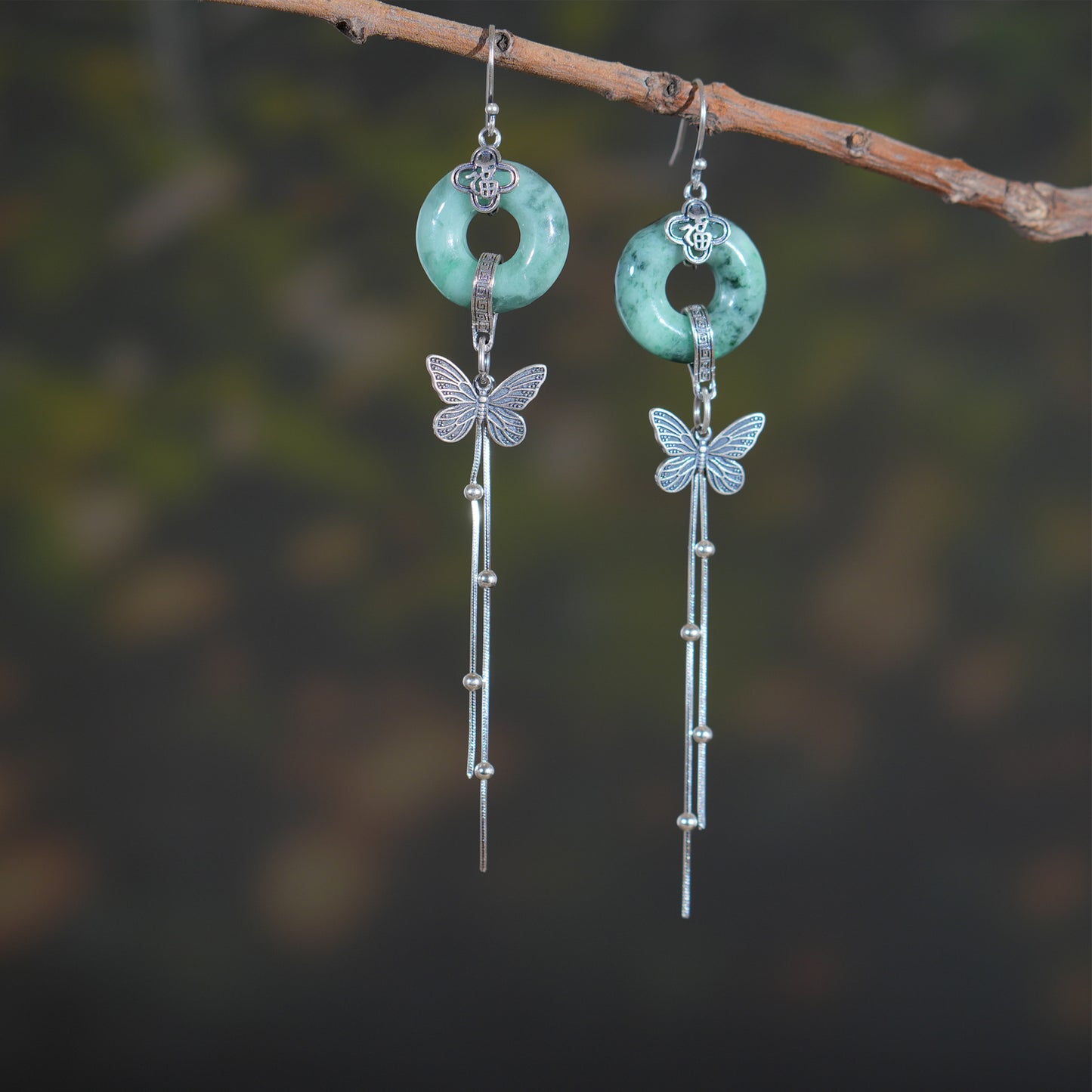 Myanmar Donut Jadeite Earring, S925 Butterfly Earring, Retro Tassels Earring, Gift for Her