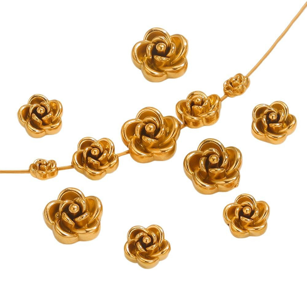 Stainless Steel 3D Rose Beads - Hand-Pierced Accessories for Necklace & Bracelet