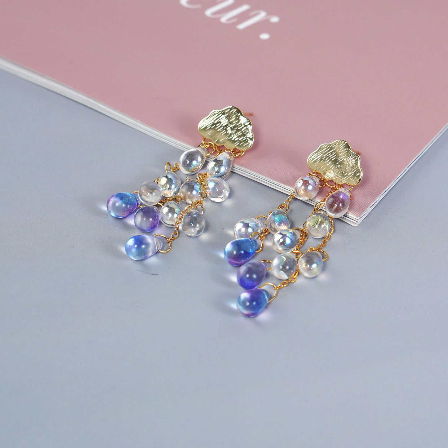 Rain Cloud Earrings, Celestial Dangle Earrings, Purple Czech Glass Crystal Rain Drop Earrings, Sky Inspired Jewelry, Teardrop Tassel Earrings for Women