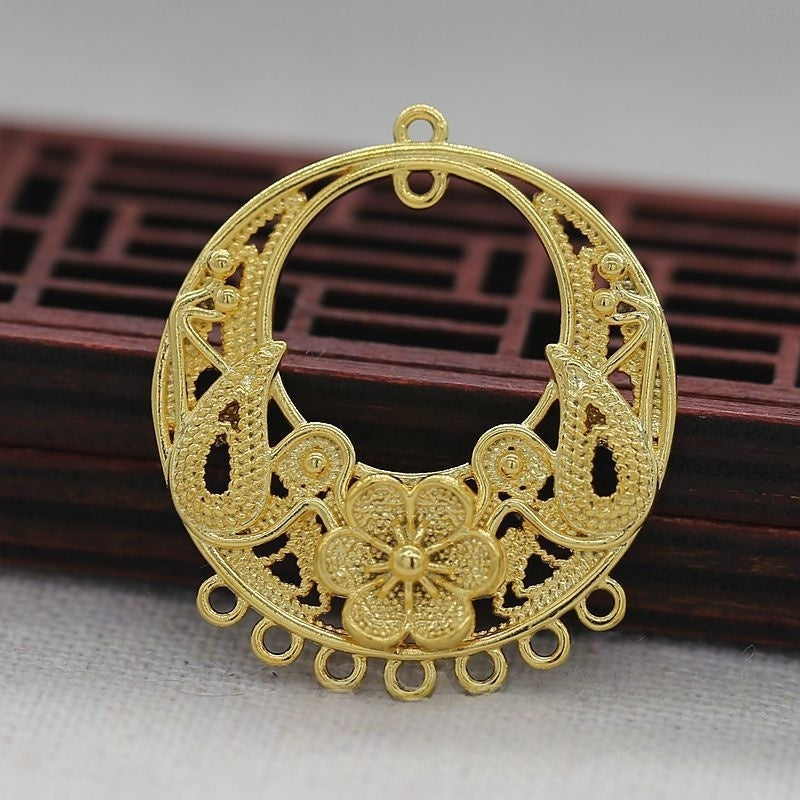 Tarnish Resistant 24K Gold Plated Brass Filigree Flower Pendant – 28x32mm Multi-Hole Connector Charm for DIY Earrings or Necklace Making