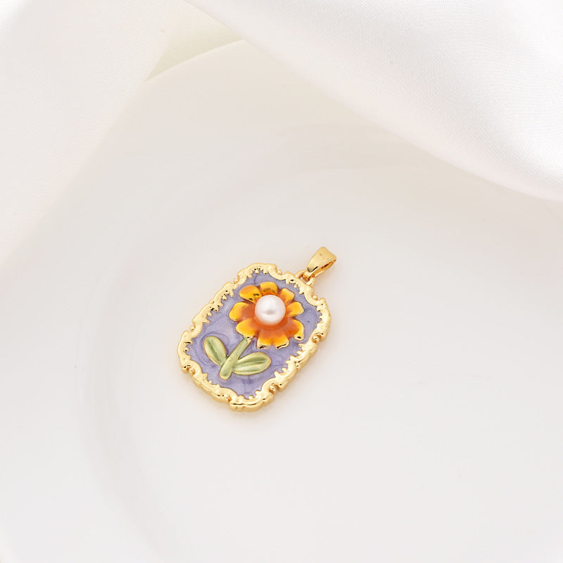 18K Oil Painting Sunflower Pendant Natural Freshwater Pearl Pendant