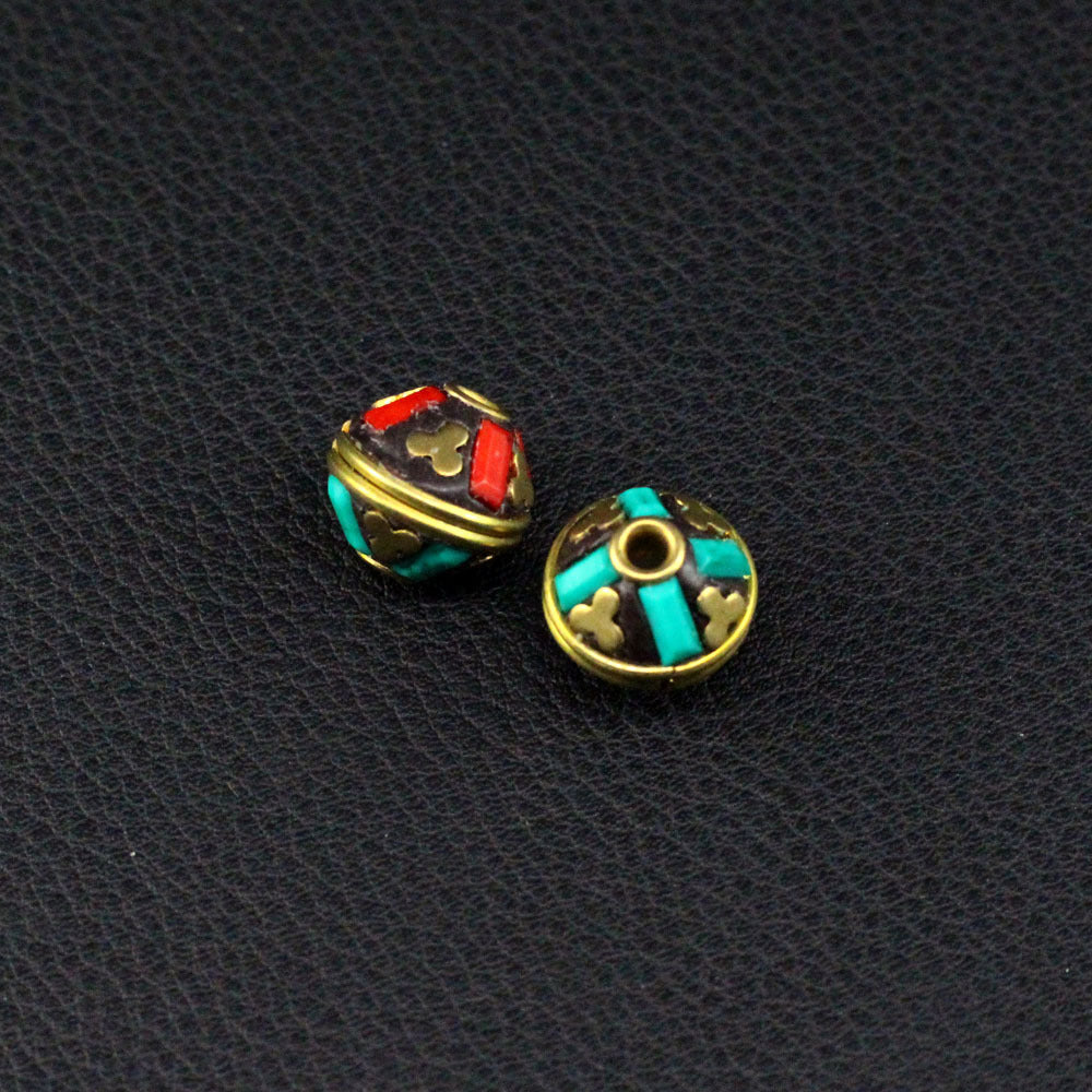 Handmade Nepalese copper beads, round beads, flying saucer beads, ethnic style necklace, thangka with beads, keychain spacer beads