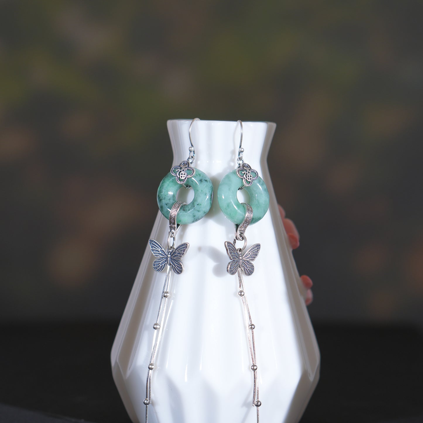 Myanmar Donut Jadeite Earring, S925 Butterfly Earring, Retro Tassels Earring, Gift for Her