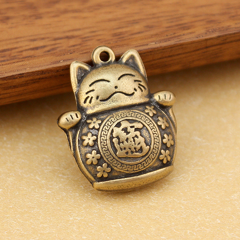 Vintage Brass Lucky Cat Pendant, Retro Maneki Neko Charm, Antique Brass Fortune Cat Jewelry Making Supplies, Feng Shui Cat Pendant