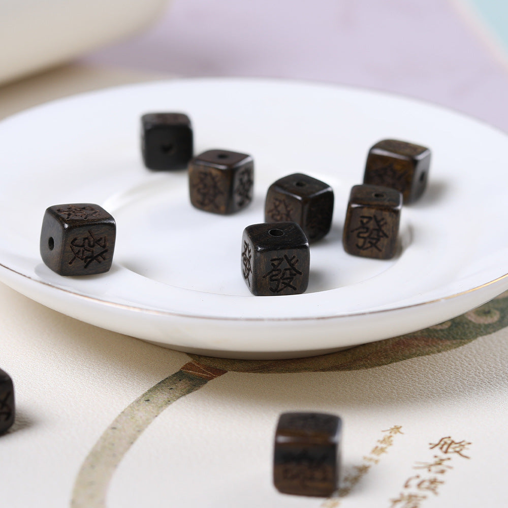 10PCS 9mm Natural Agarwood Carved Four-Sided Fortune Wooden Dice - Pendant for Necklace/Bracelet, Lucky Charm Jewelry Accessory