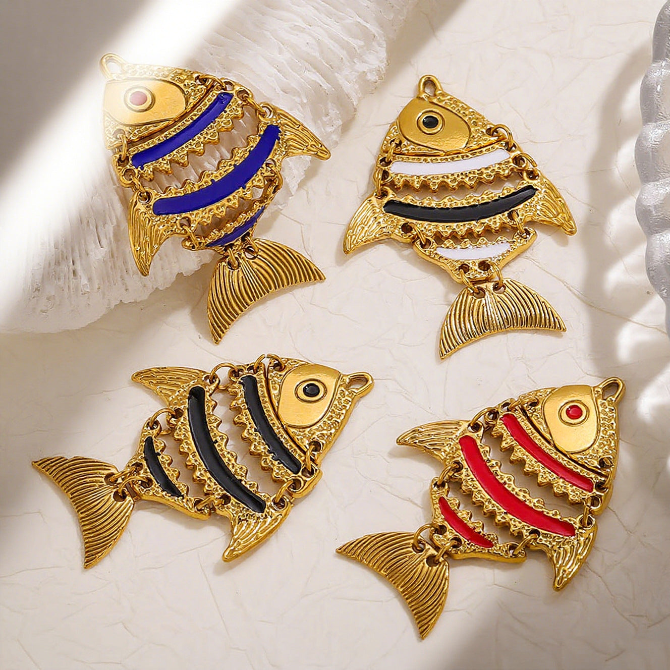 Moving Fish Design Gold-Plated Hollow Stainless Steel Pendants, Enameled Ocean Fish Series Charms for Necklace Making, Handmade Jewelry Accessories