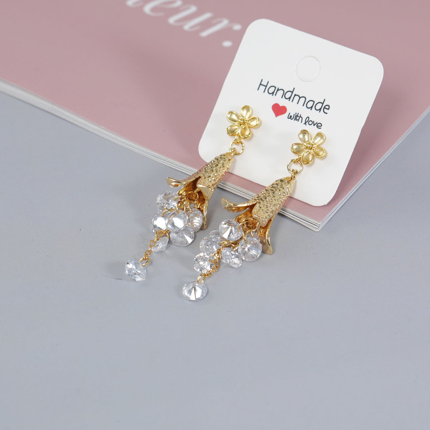 Vintage Bellflower Tassel Earrings, Long Drop Earrings with Natural Zircon, Retro Floral Dangle Earrings, Handmade Statement Jewelry for Women