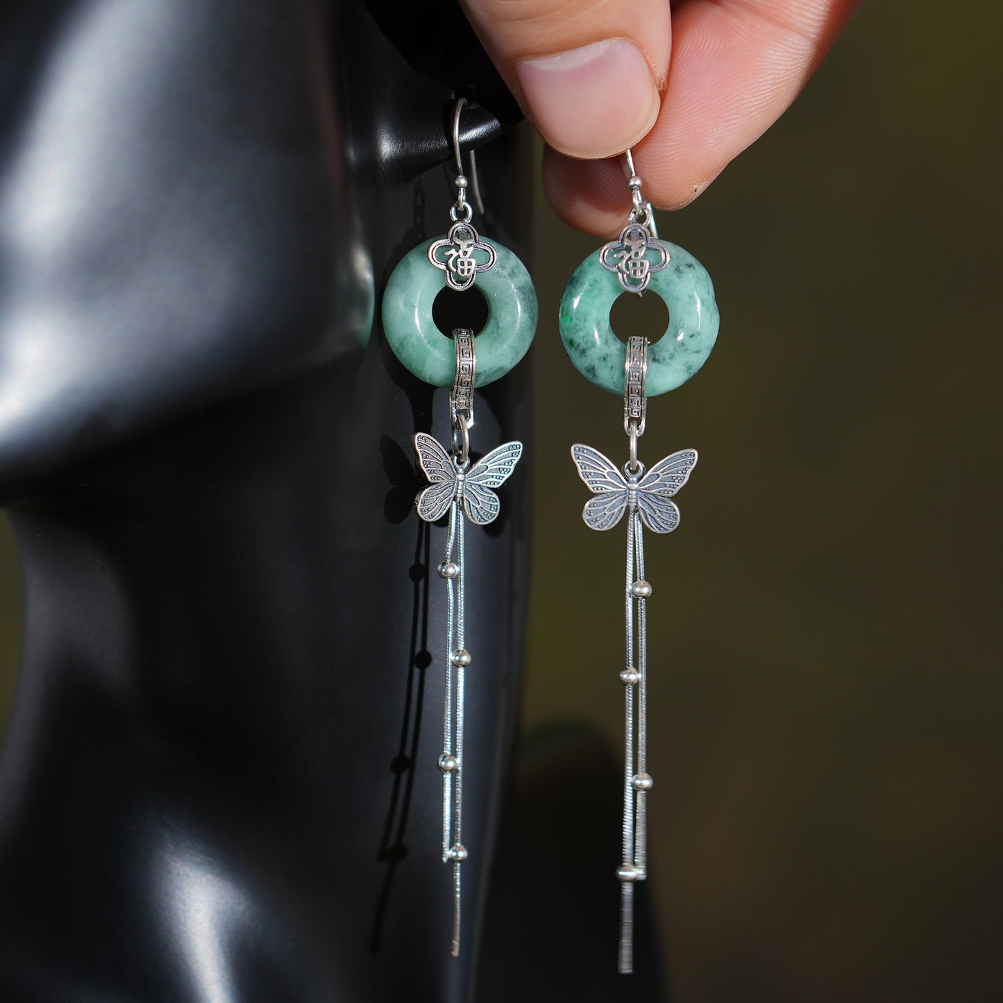 Myanmar Donut Jadeite Earring, S925 Butterfly Earring, Retro Tassels Earring, Gift for Her