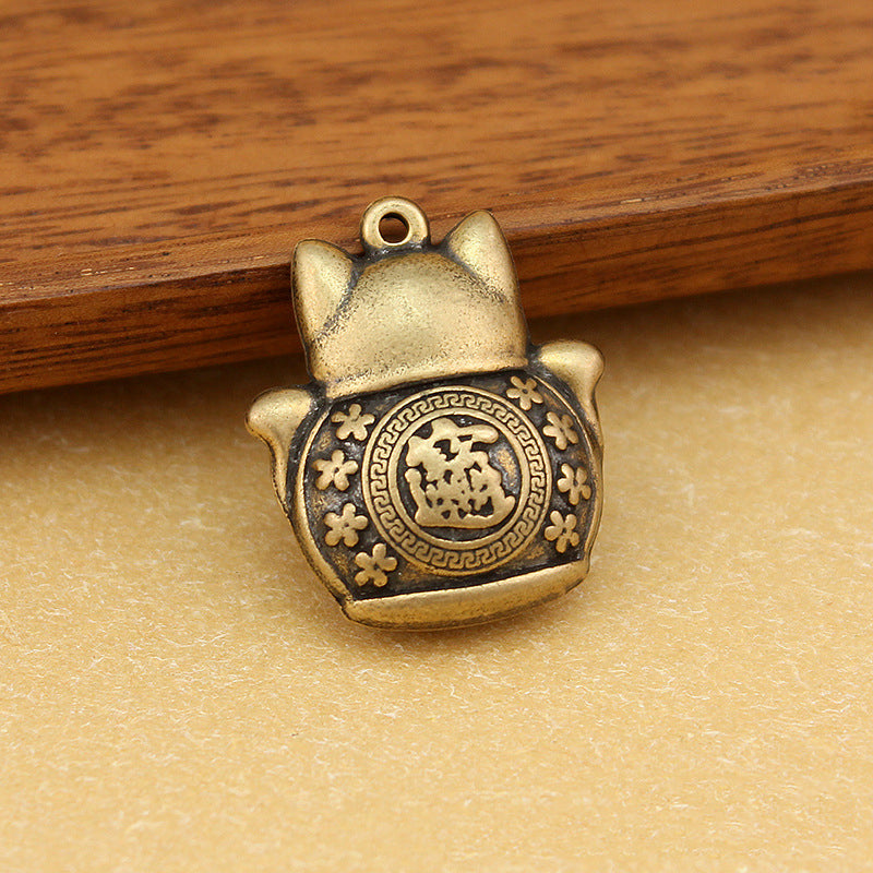 Vintage Brass Lucky Cat Pendant, Retro Maneki Neko Charm, Antique Brass Fortune Cat Jewelry Making Supplies, Feng Shui Cat Pendant