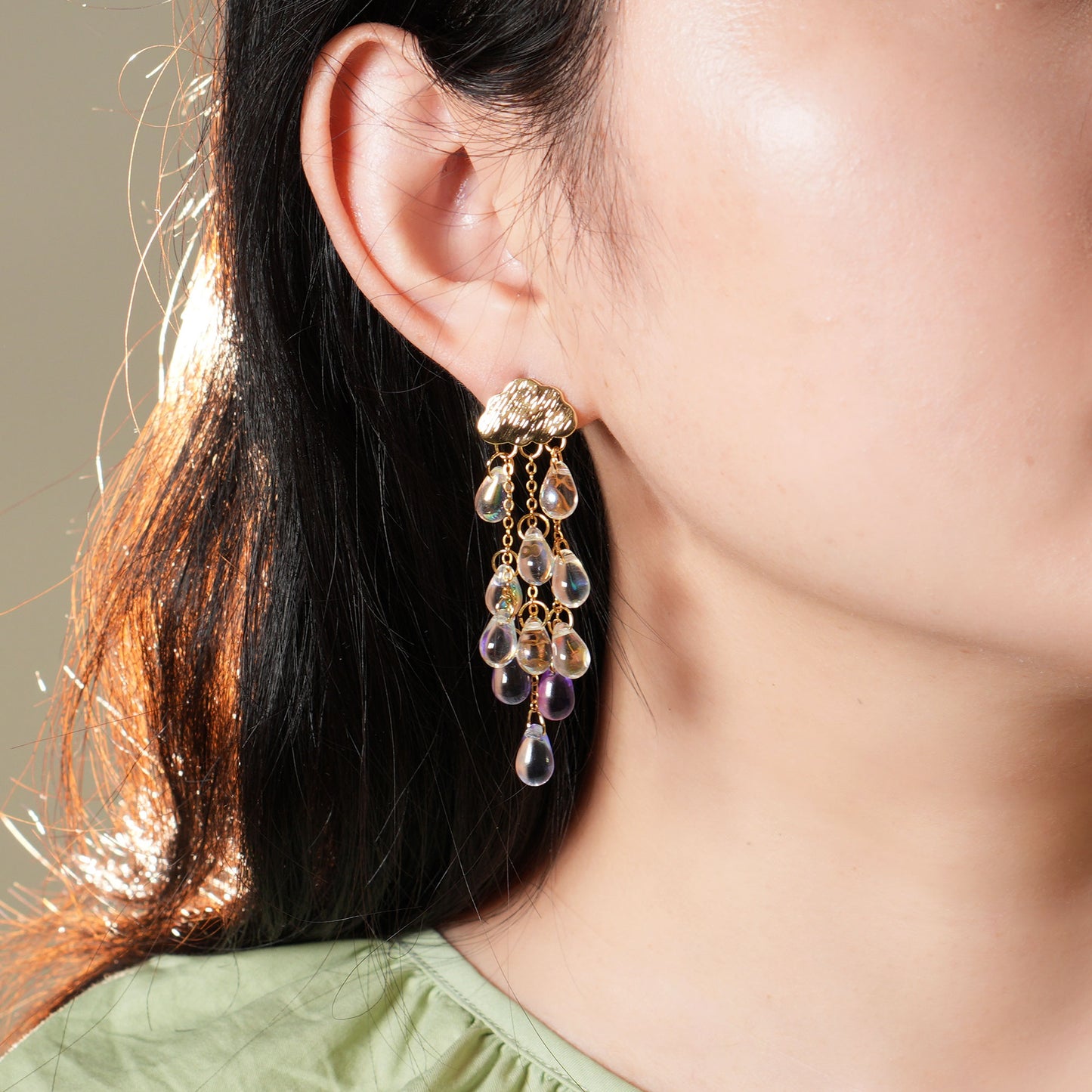 Rain Cloud Earrings, Celestial Dangle Earrings, Purple Czech Glass Crystal Rain Drop Earrings, Sky Inspired Jewelry, Teardrop Tassel Earrings for Women