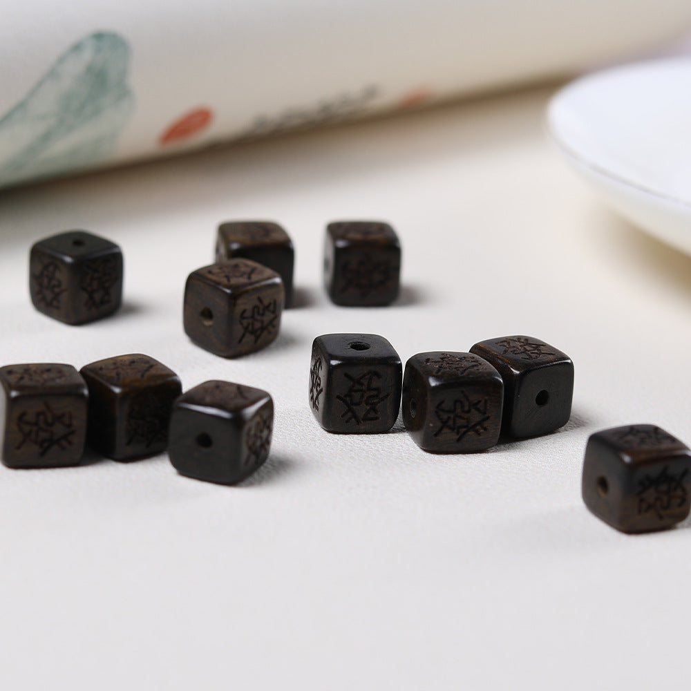 10PCS 9mm Natural Agarwood Carved Four-Sided Fortune Wooden Dice - Pendant for Necklace/Bracelet, Lucky Charm Jewelry Accessory