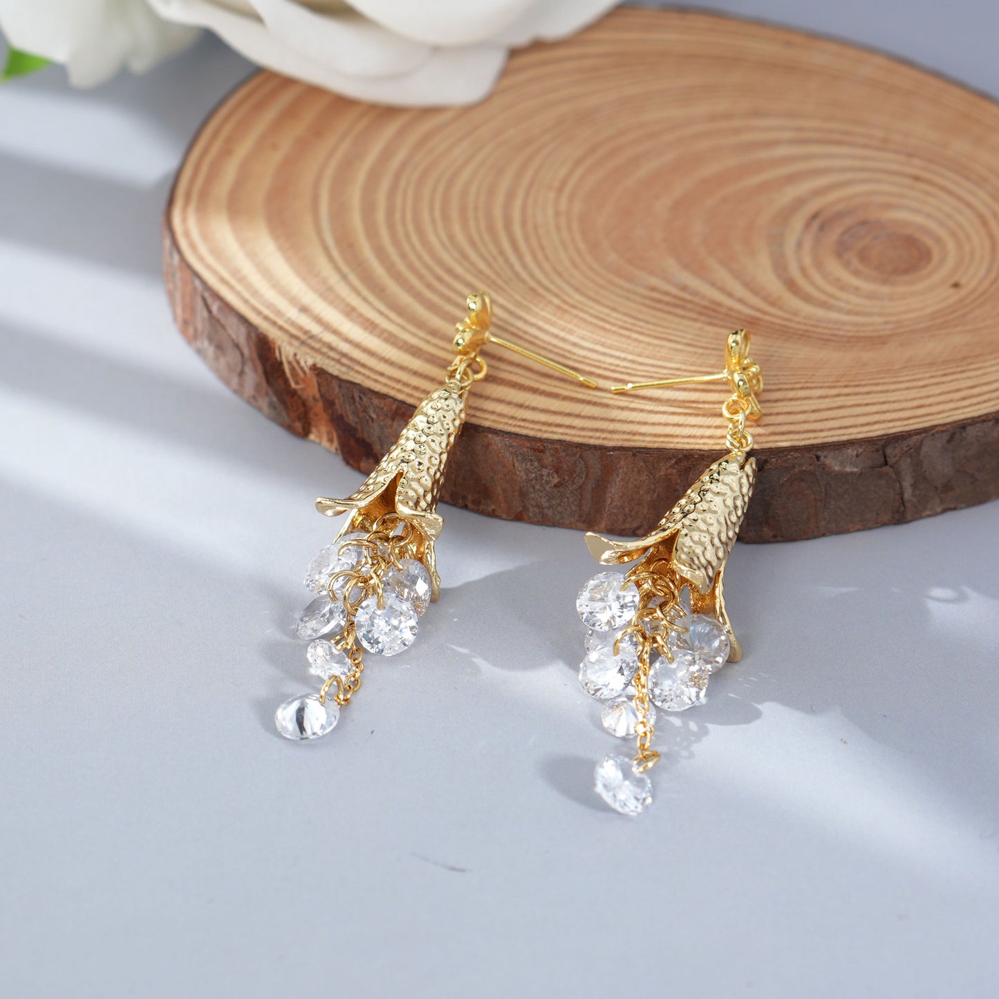 Vintage Bellflower Tassel Earrings, Long Drop Earrings with Natural Zircon, Retro Floral Dangle Earrings, Handmade Statement Jewelry for Women