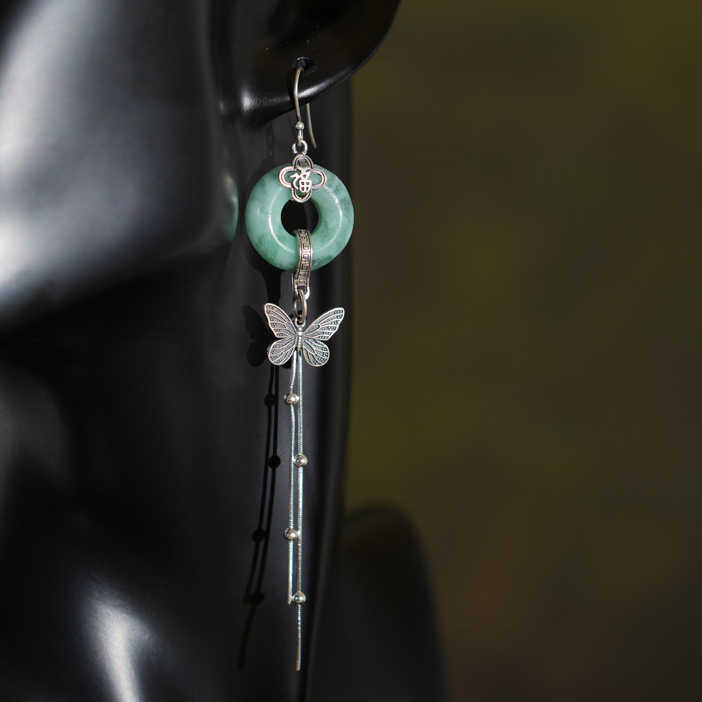Myanmar Donut Jadeite Earring, S925 Butterfly Earring, Retro Tassels Earring, Gift for Her