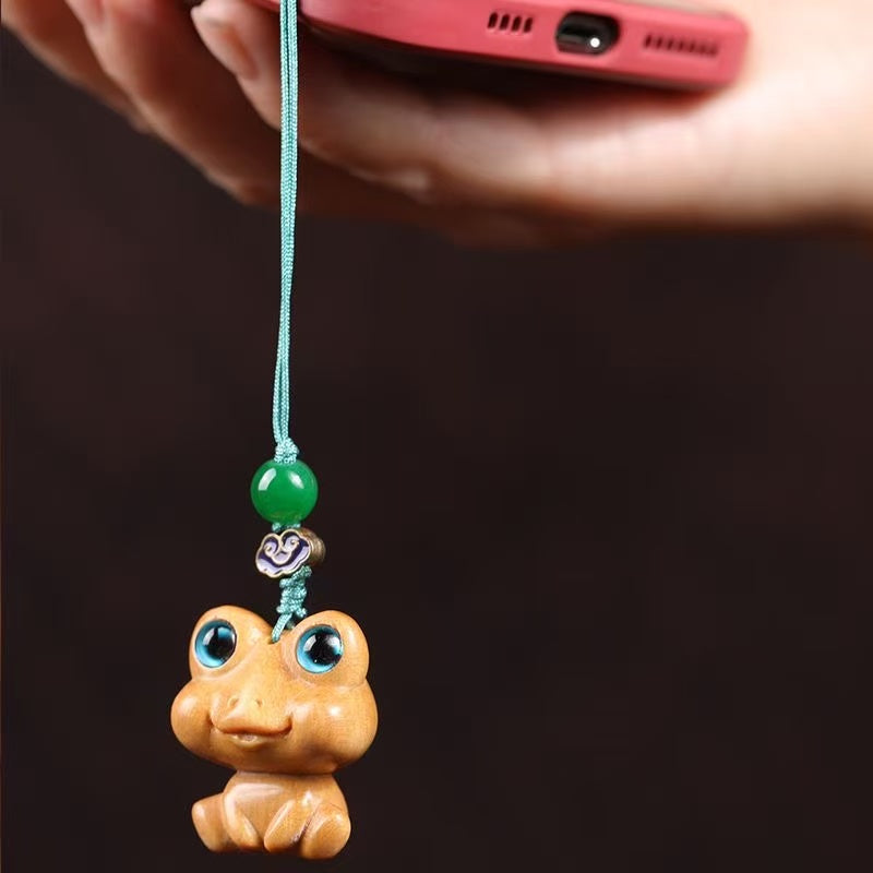 Sandalwood Carved Frog Phone Charm, Handcrafted Wooden Frog Pendant, Handmade Wood Keychain, Lucky Animal Totem Gift