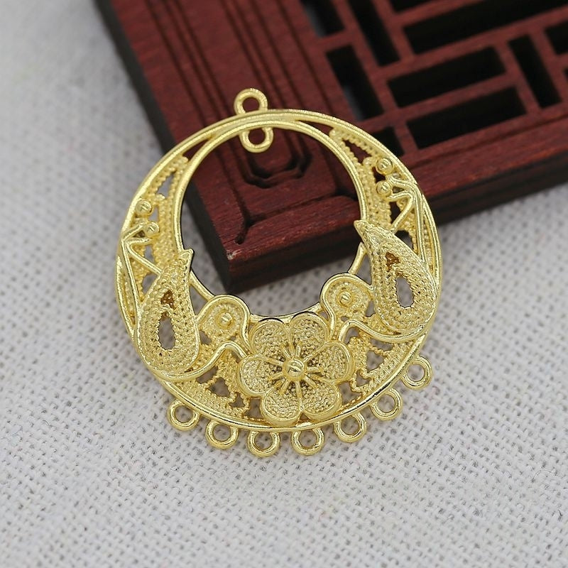 Tarnish Resistant 24K Gold Plated Brass Filigree Flower Pendant – 28x32mm Multi-Hole Connector Charm for DIY Earrings or Necklace Making