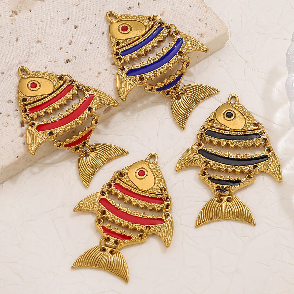Moving Fish Design Gold-Plated Hollow Stainless Steel Pendants, Enameled Ocean Fish Series Charms for Necklace Making, Handmade Jewelry Accessories